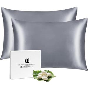 Ravmix Silk Pillow Cases 2 Pack with Zipper, 21momme Mulberry Silk Pillowcase for Hair Skin, Soft Smooth Breathable Cool Pillow Cover for Beauty Sleep with Gift Box(Standard 20"x26", Lilac Grey)