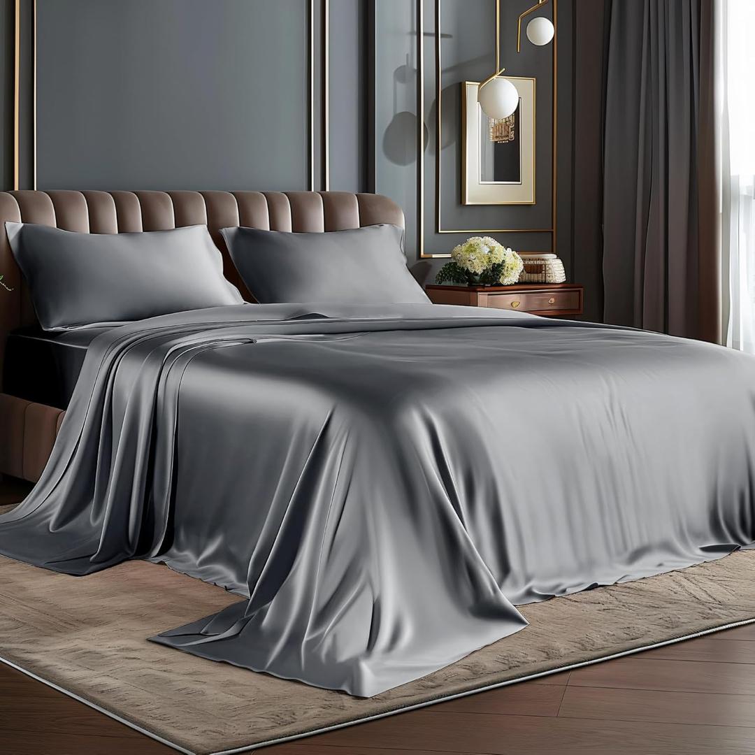 BEDELITE King Size Sheets Set, Luxury Soft Dark Grey Satin Sheets for Hair and Skin, Similar to Silk Bed Sheets Set 4 Pieces with 1 Deep Pocket Fitted Sheet, 1 Flat Sheet, and 2 Pillowcases