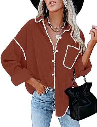 ZESICA Womens Corduroy Shacket Jacket Long Sleeve Button Down Shirt Oversized Blouses Tops with Pockets size M