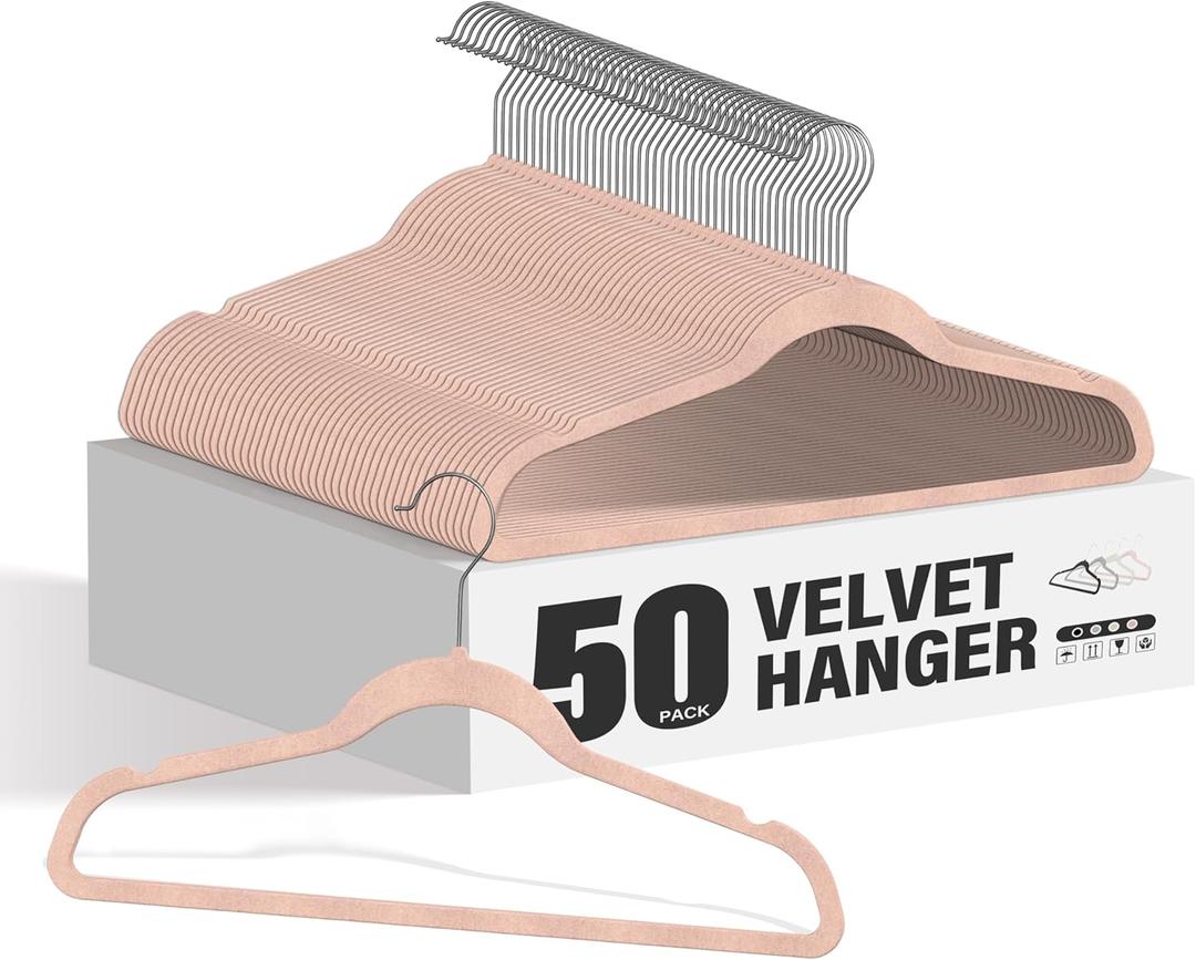 HealSmart Velvet Hangers 50 Pack, Space Saving Clothes Hangers for Closet, Non-Slip Heavy Duty Coat Hangers for Pants, Shirt, Sweater, Suit & Dress Clothing with 360° Swivel Hook, Pink
