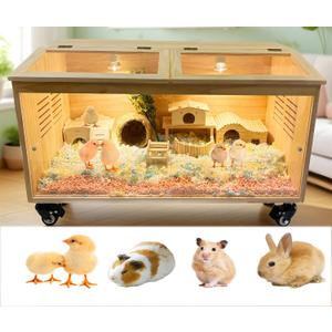 Brooder Box for Chicks Pine Wood Chicken brooder Box with Thermostat & Heating Lamp & Brake CastersSolid Panels Chick brooder for Chicks, Ducklings, Hamsters, Guinea Pigs - Chew-Proof (40x20x20 in)