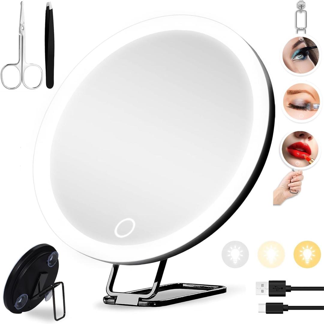 30x Magnifying Mirror with Light, Large 6" Lighted Makeup Mirror - 3 Color Modes Dimmable Light up Travel Makeup Mirror with 3 Suction Cups & Adjustable Stand - Rechargeable Magnifying Mirror (Black)