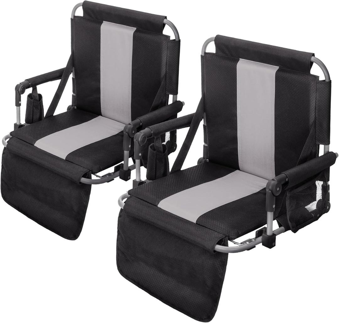 GREEN PARTY Stadium Seat for Bleachers Portable Outdoor Floor Folding Stadium Chair with Armrest, Back Support, Cup Holder, Mesh Bag and Hide Hooks, Black Grey