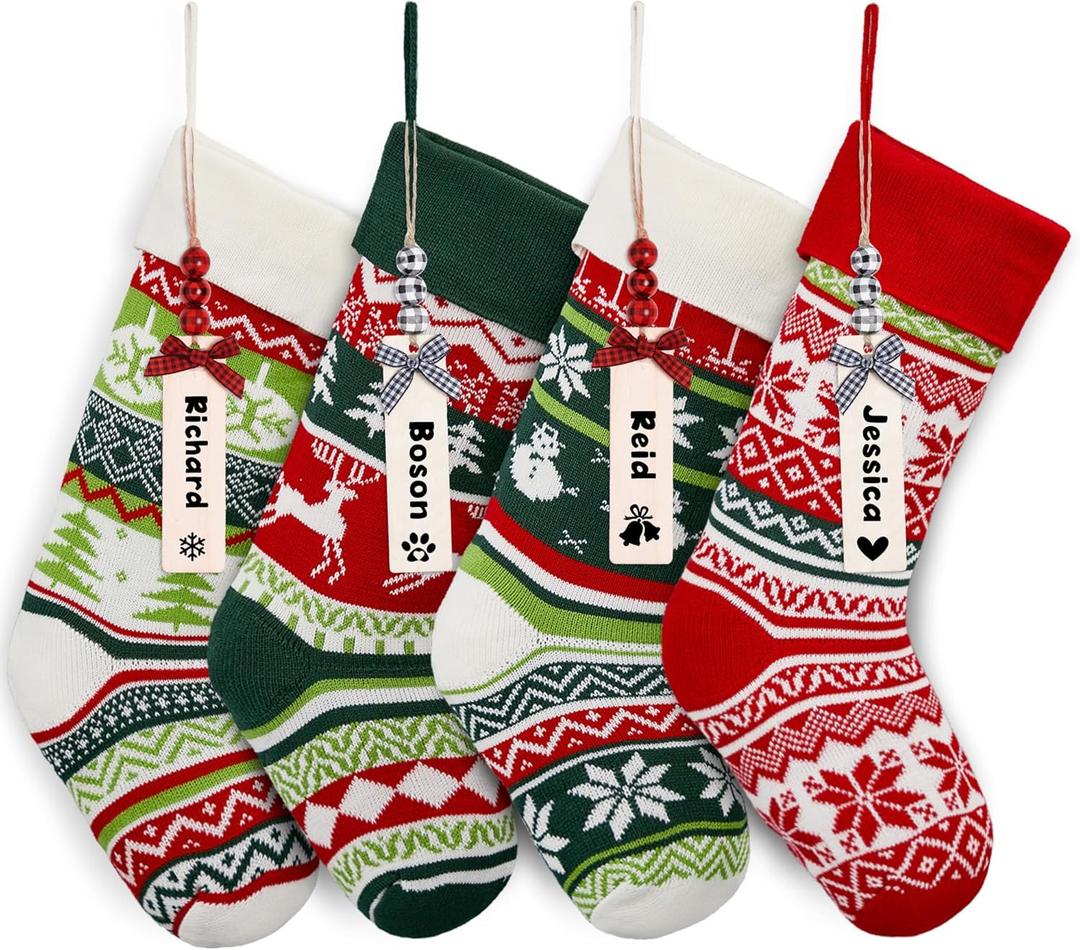 Mostop 4 Pack Knit Christmas Stockings, 19" Large Size Cable Knit Reindeer, Snowflake, Snowman Xmas Stockings with 4pcs Leather Name Tags for Xmas Holiday Christmas Party Family Decor (Bulk)