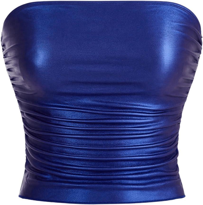 SOLY HUX Women's Faux Leather Crop Tube Top Strapless Sexy Going Out Bandeau Top Party Rave Concert Outfit Pure Blue Small