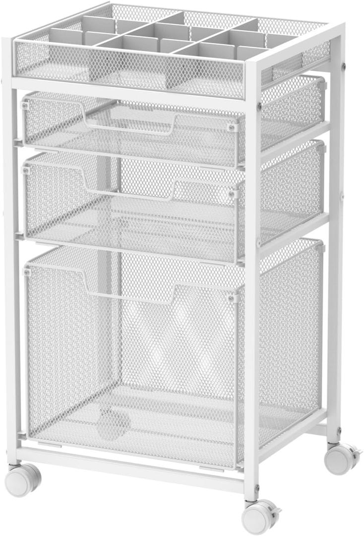 Rolling File Cart with 3 Storage Drawers, Under Desk Filing Cabinet with DIY Divider, Hanging File Folder Organizer on Wheels, Fits A4/Letter Size, Metal Utility Cart for Home Office, White