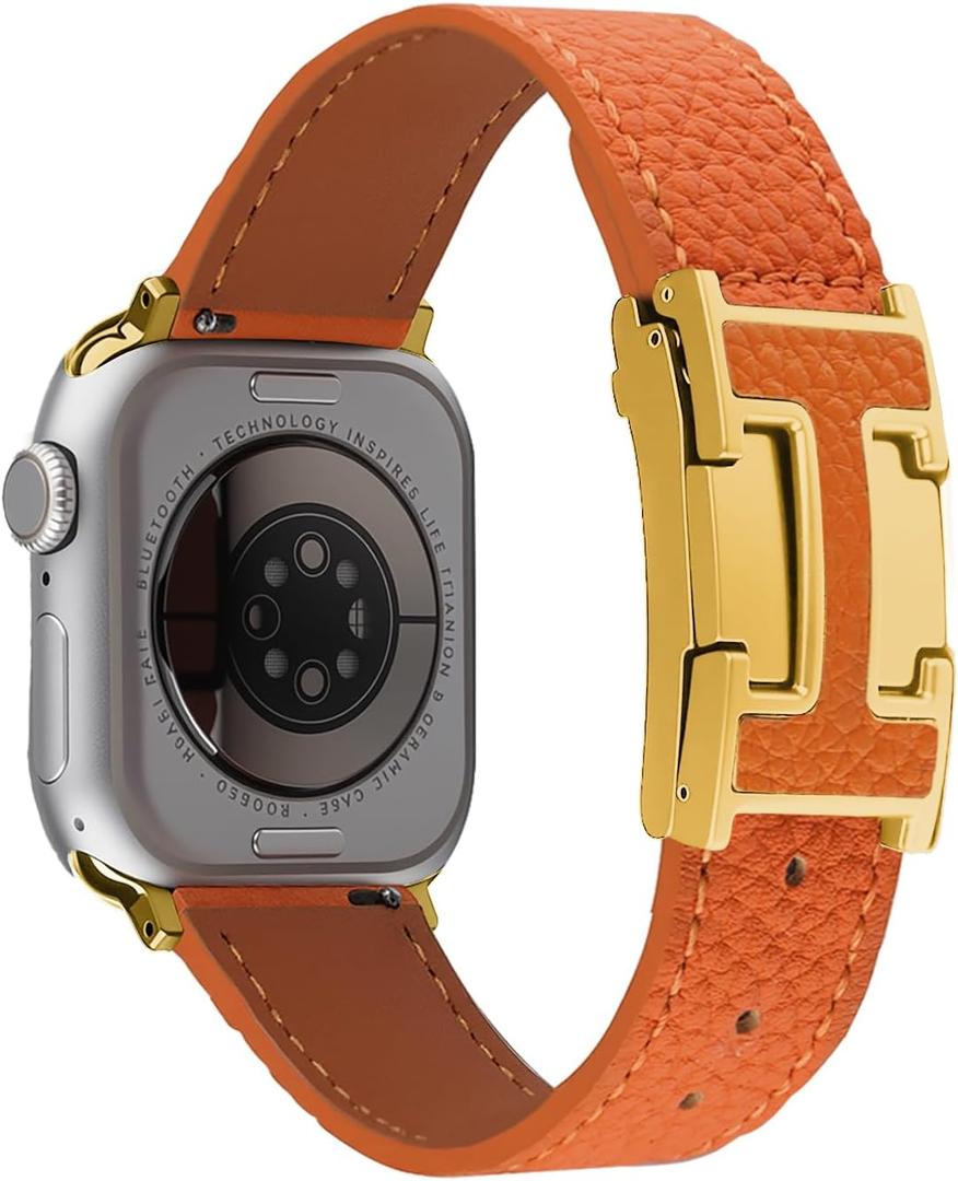 Leather Magnetic Bands Compatible with Apple Watch 11/10/9/8/7/6/5/4/3/2/1/SE/SE2/Ultra, Women Men Wristbands for iWatch 49mm/46mm/45mm/44mm/42mm/41mm/40mm/38mm (Orange+ Gold Buckle)