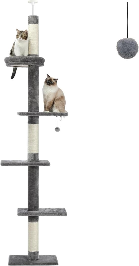 PETEPELA Cat Tower 5-Tier Floor to Ceiling Cat Tree Height(95-107 Inches) Adjustable, Tall Climbing Tree Featuring with Scratching Post, Cozy Bed,Interactive Ball Toy for Indoor Cats/Kitten Grey (95-107, Grey Upgrade)