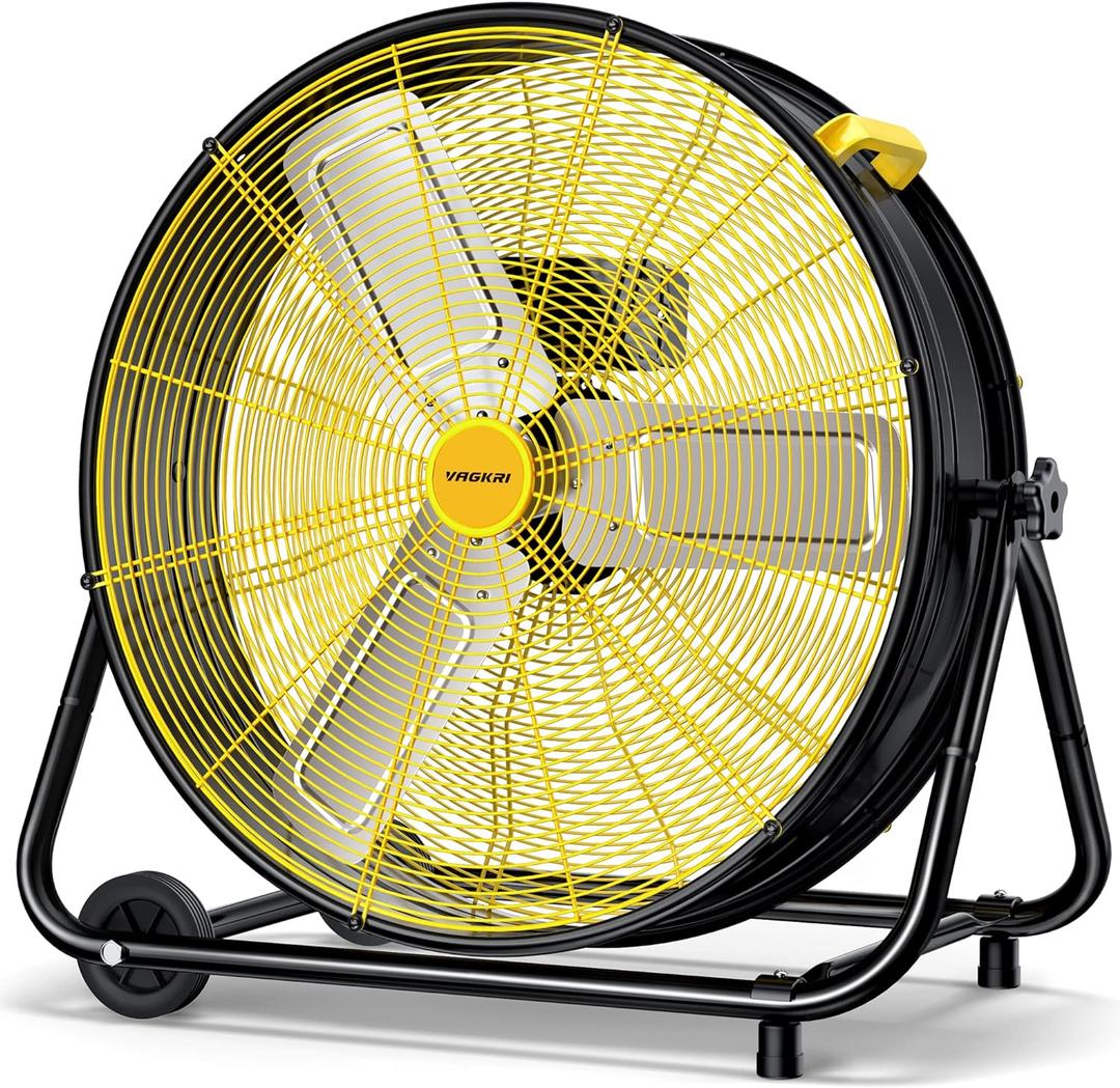 VAGKRI 24 Inch Industrial Drum Fan, 320W High Velocity Floor Fan, 3 Speed Heavy Duty Metal Air Circulator, 360 Tilt with Casters Handle ETL Standard for Patios, Warehouse, Commercial,Basement