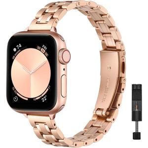 STIROLL Thin Replacement Band Compatible for Apple Watch 49mm 46mm 45mm 44mm 42mm(Series 3 2 1), Stainless Steel Metal Wristband Women Men for iWatch Ultra SE Series 11 10 9 8 7 6 5 4, Rose Gold