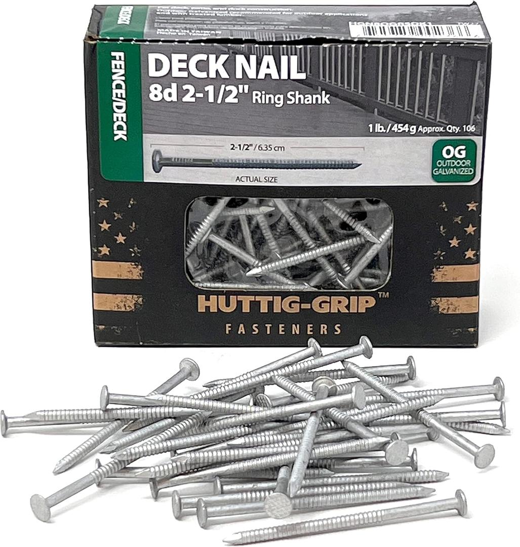 Huttig-Grip Fence Deck Nails 2-1/2 inches 8d for Wood Fencing HGN8OGRSDK1 Ring Shank Outdoor Galvanized Finish, 1 lb Pack of 106 Nails