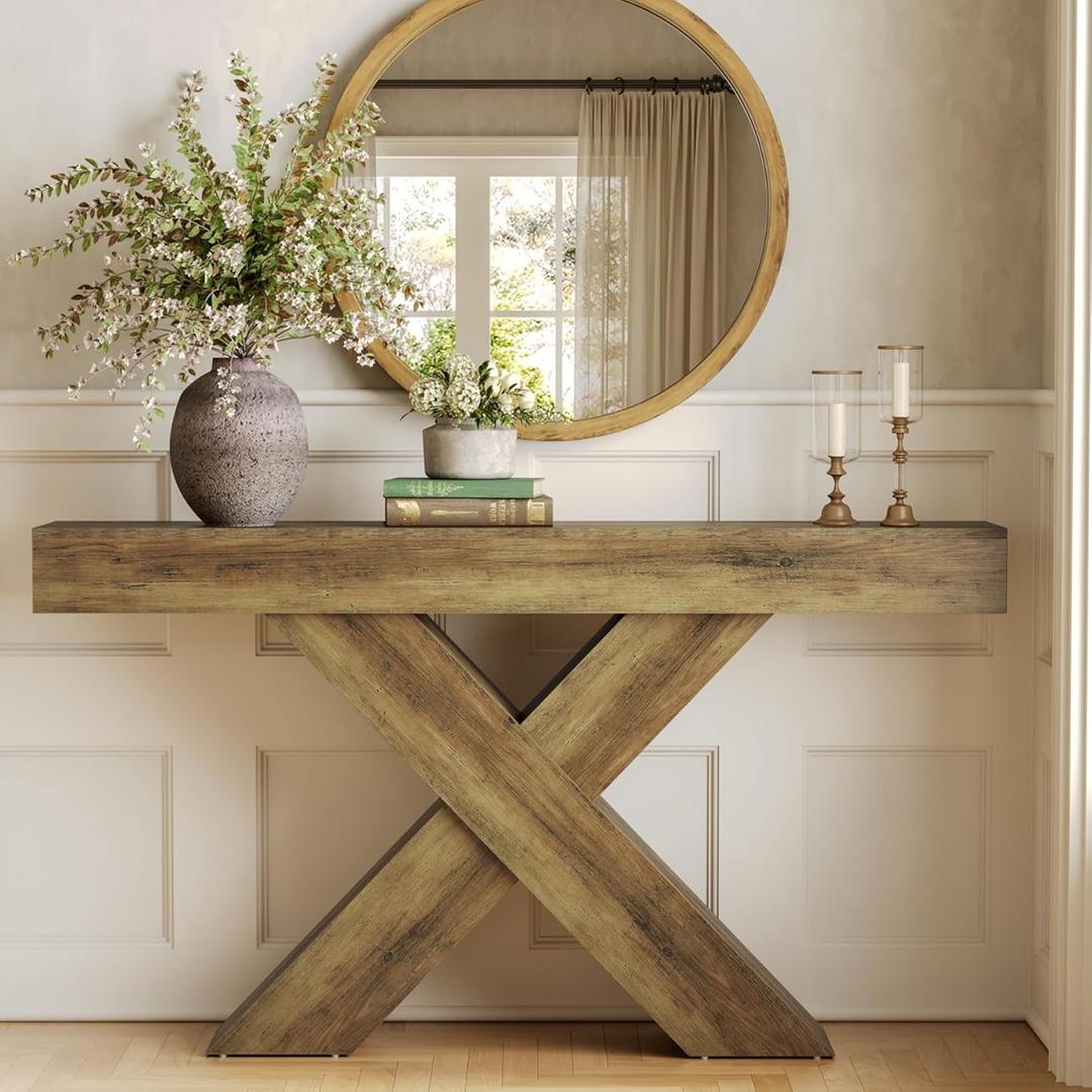 LITTLE TREE Narrow Console Table, 55-Inch Farmhouse Entryway Table, X-Shaped Couch Table Behind Sofa for Living Room, Entryway, Entrance, Foyer, Hallway, Rustic Brown