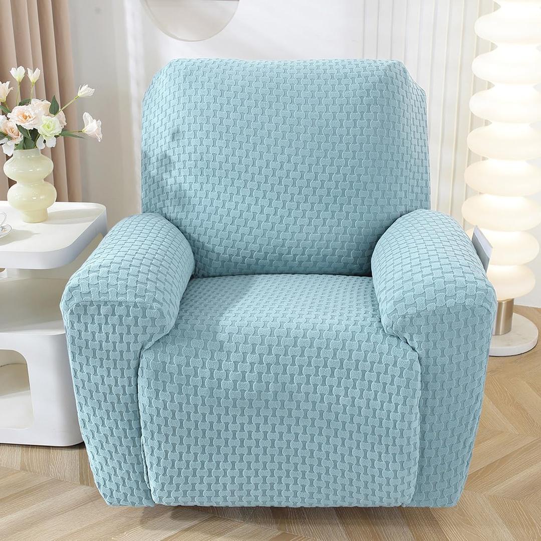 vctops 4 Pieces Jacquard Plush Recliner Slipcovers Stretch Soft Sofa Couch Cover Anti-Slip Solid Color Furniture Protector with Elastic Bottom for Kids Cats Dogs (Sky Blue, 1 Seat)