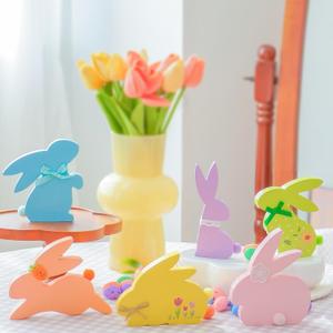 NYUWOUARC Easter Decorations, 6 Pcs Wooden Bunny Colorful Table Signs | Cute Decor for the Home, Spring Easter Pastel Rabbit Decor, For Shelf Mantel Indoor Office, Tiered Tray Set, Varying