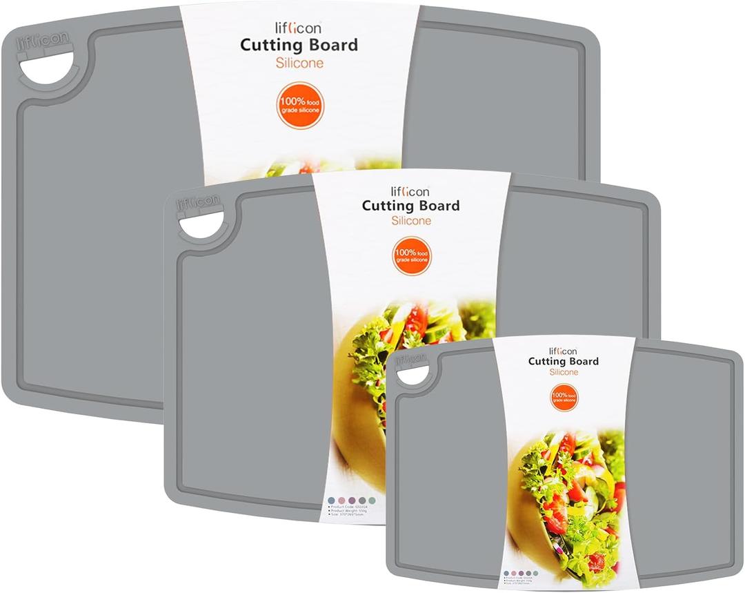 Liflicon Silicone Thick Cutting Boards Mats Set of 3 Foldable & Flexible Design Juice Grooves Easy Grip Handle Dishwasher Safe for Kitchen,BPA free Silicone Cutting Board-Gray