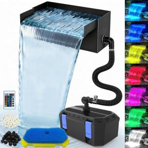 All-in-1 Pond Waterfall Kit | 40W 850GPH Pond Filter Pump with 12" Stainless Steel Spillway | Remote Control LED Lights | 4-Stage Filtration System for Backyard Garden & Outdoor Water Feature