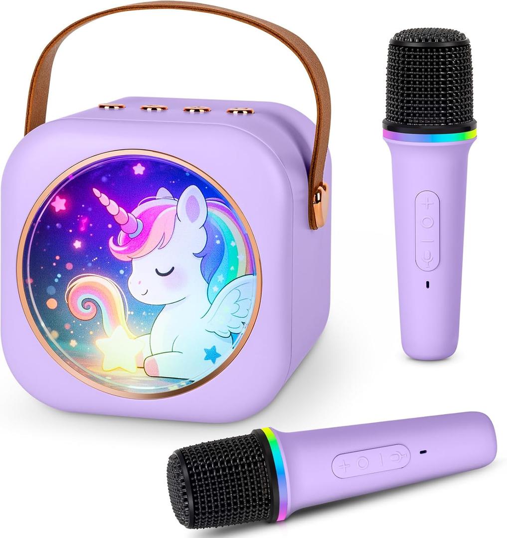 Mini Karaoke Machine with 2 Wireless Microphones, Portable Bluetooth Speaker for Kids & Adults, Ideal Birthday for Girls Boys Ages 3-12, Home Party Travel Entertainment Toy (Purple)