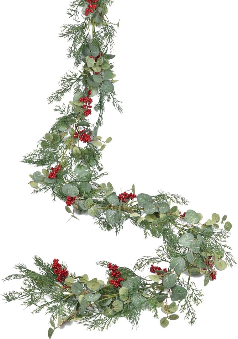 Lvydec Christmas 6Ft Pine Christmas Garland, Realistic Artificial Faux Greenery Garland with Berry and Eucalyptus Leaves Cypress Garland for Mantle Holiday Fireplace Winter Decor
