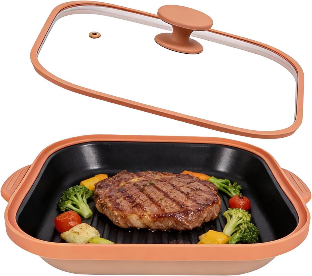 Microwave Grill Pan With Cover, Microwave Bacon Cooker, Portable Microwave Cookware For Grill Meat, Sandwich & Vegetable Dishwasher Safe (Square-Beige-Glass Lid)