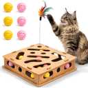 Interactive Cat Scratch Puzzle Enrichment Box with Nail File Pad, 6 Play Balls and Teaser Wand Toy, Easy Assembly Claw Care Solution That Helps Reduce Grooming Stress