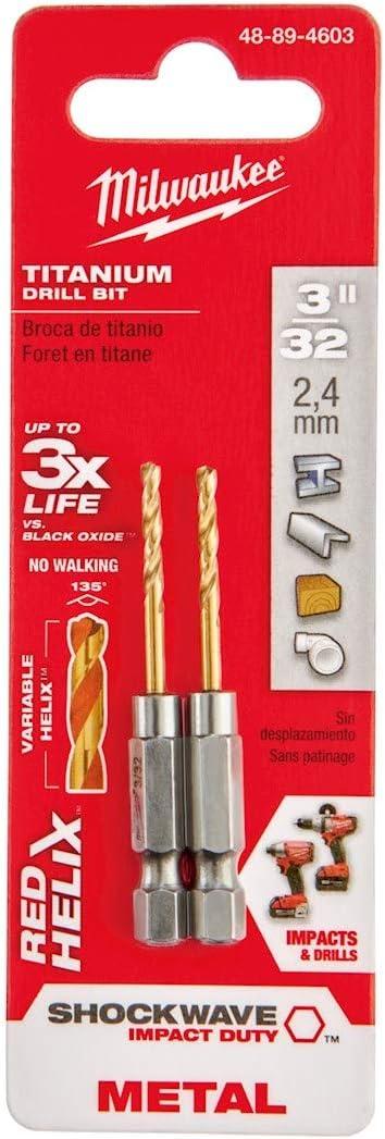 Milwaukee Electric Tool 48-89-4603 Impact Drill Bit, 3/32" Diameter x 2.38" L, 47/64" 35 Degree Helix Flute, 1/4" Hex Shank, 135 Degree