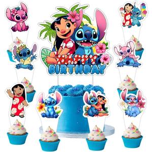 25 Pcs Cake Topper and Cupcake Toppers Set Birthday Party Supplies for Cartoon Blue Themed Birthday Decorations (Stitch)