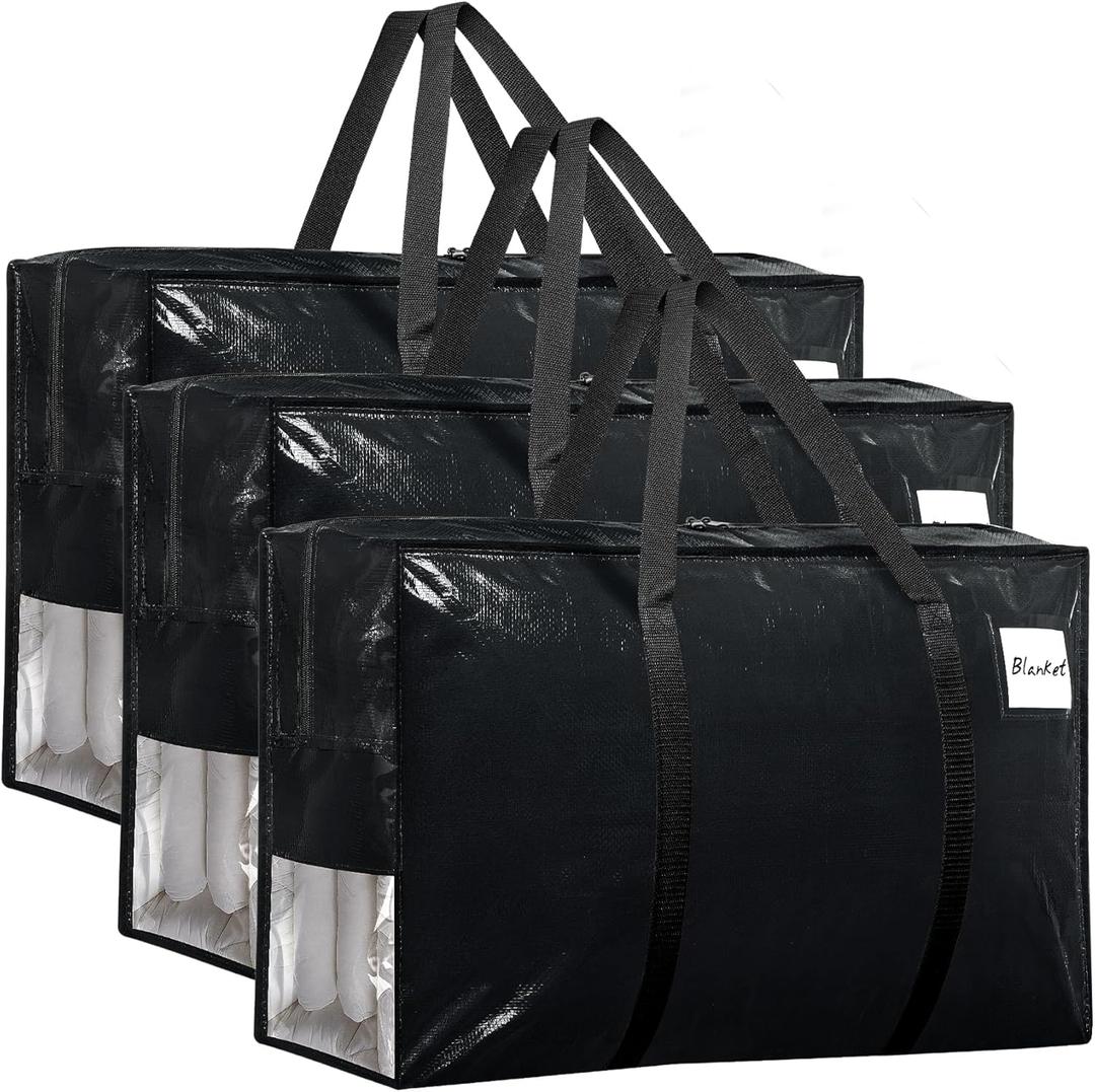 3Pcs Extra Large Heavy Duty Moving Bags with Reinforced Zippers & Handles, 67L Waterproof Storage Tote Bag Bins Alternative to Box Moving Supplies Space Saving for Travel College Dorm Essentials Black