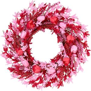 Valentines Day Decorations 22 Inch Valentine's Day Wreath Pink Flower Wreaths for Front Door with Red Tulip Pink Forsythia Flowers for Valentine Wedding Anniversary and Holiday Decorations