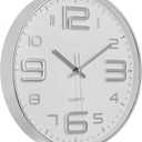 Bernhard Products Silver Wall Clock 12 Inch Silent Non-Ticking Quality Quartz Battery Operated Round White Decorative Modern Design for Home/Office/Kitchen/Bedroom/Living Room (Silver & White)