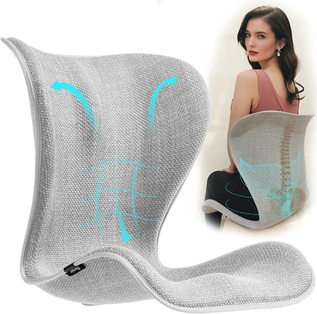 Ergonomic Lumbar Support Backrest Seat Cushion, Lower Waist Posture Corrector for Office Chair Long Sitting Desk Work, Gaming, Reading, One Piece Extra Large Back Straightener for Adult, Light Gray