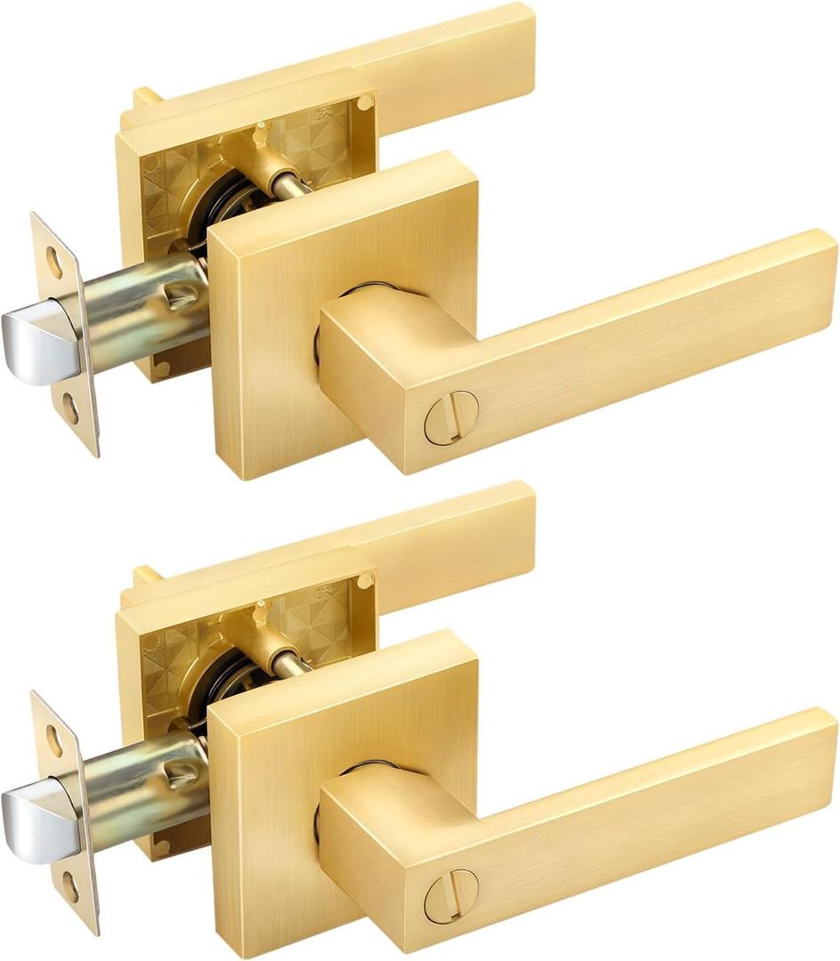 EHOMEWARE 2 Pack Gold Door Handles, Privacy Door Levers Bed and Bath Leverset Lockset, Satin Brass Finish, Universal Handing with Square Door Knobs