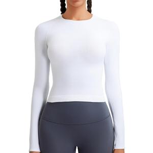 RUNNING GIRL Long Sleeve Yoga Shirts for Women, Soft Fitted Seamless Stretchy Casual Crew Neck Athletic Basic Shirt (White, L)