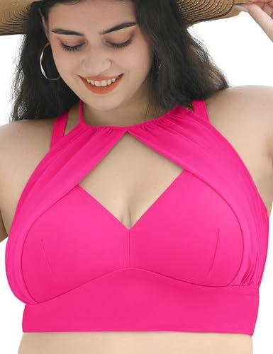 Curvagile Women Plus Size Bikini Top Modest Flowy Mesh Halter Swim Tops Push Up Bathing Suit Top Only 2026 (Pink, 3XL)