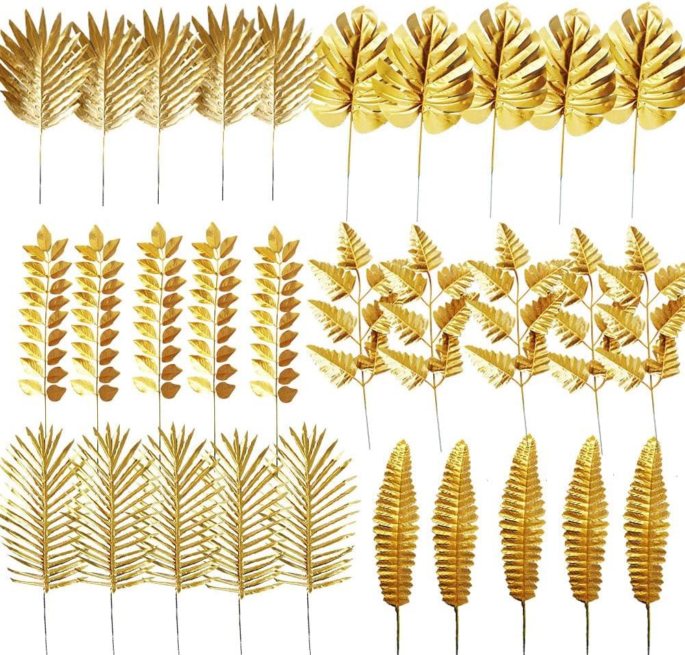 30PCS Artificial Plants Yellow Leaves Mixed Tropical Palm Leaf Fake Yellow Plant Bush Grass Fern Bushes Faux Shrubs Greenery for Party Wedding Decorations Beach Birthday Luau Party Decor