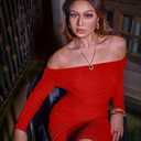 GOKATOSAU Women's Sexy Elegant Ruffle Long Sleeve Off Shoulder Ruched Party Mini Dress (Red, S)