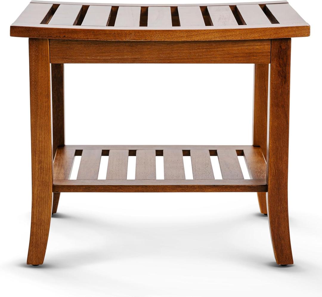 Teak shower bench with Storage Shelf, Shower Stool for Inside Shower, Waterproof Shower Bench Seat, Shower Chair for Inside Shower, Wood Bench, Bathroom Bench (Natural Color)