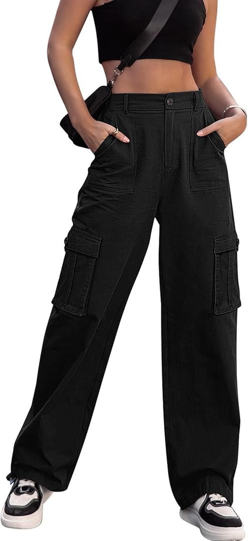 Women Pants High Waisted Cargo Pants Combat Military Wide Leg Casual Trousers 8 Pockets L