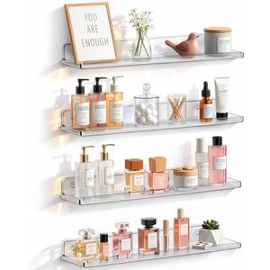 Floating Shelves for Bathroom, Acrylic Wall Organizer for Perfume, Makeup, Figures, Nail Polish, Photo, Book, 14" Decor Display Rack for Nursery, Living Room, Bedroom, Kitchen, Clear, 4 Pack