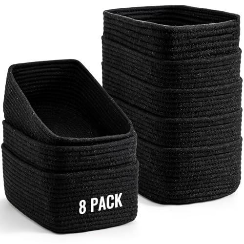 8 Pack Small Storage Baskets for Organizing, Woven Rope Bins for Bathroom, Closet, Shelf Organizer, Cute Cube Decorative Box for Towels, Baby Nursery, Toys, Gift Empty Baskets - 11.5"x7.5"x4.7"-Black