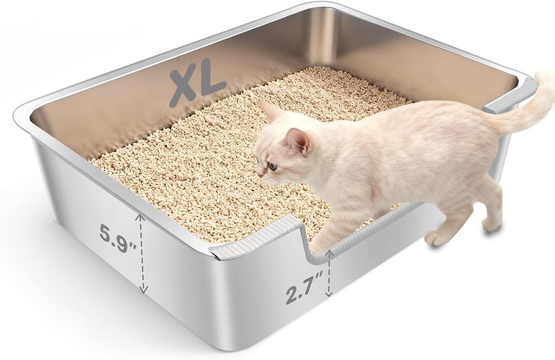 Low Entry Litter Box for Senior or Disabled & Injured Cats, Stainless Steel High Sided Enclosed Easy Step in Entry-Large Metal Kitty Litter Box for Kittens, Odor Control (23.6x15.7x5.9)
