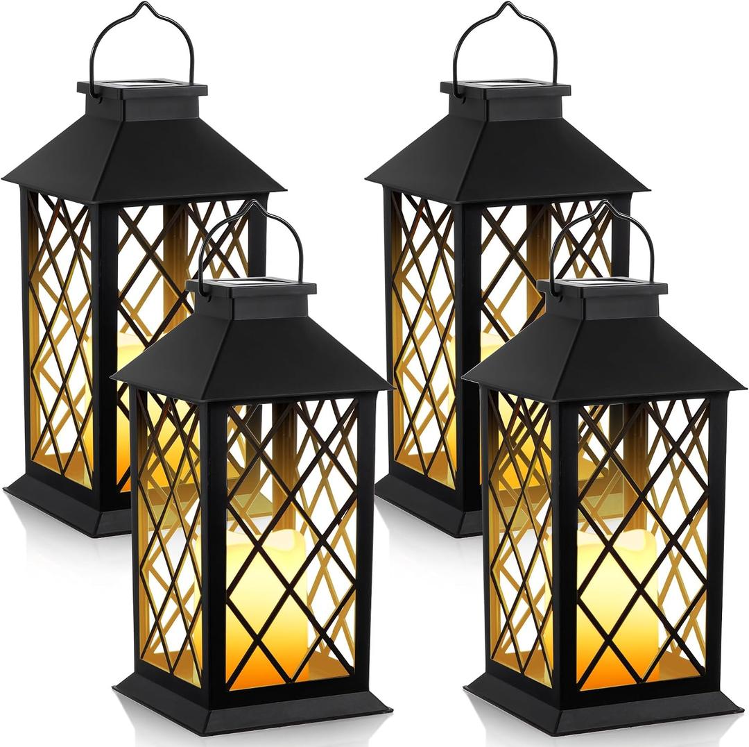 4 Pack Solar Hollow Lanterns Outdoor, Waterproof Patio Hanging Lanterns with LED Flickering Flameless Candle Lights, Decorative Solar Lantern for Porch, Garden, Patio, Yard, Table