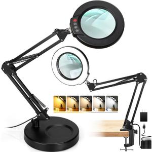 10X Magnifying Glass with Light and Stand, 2-in-1 Desk Lamp & Clamp Light, Seylae 5 Color Modes, Brightness Stepless Dimmable LED Lighted Magnifier Hands Free, Magnifier Lamp for Close Work, Reading (Black)
