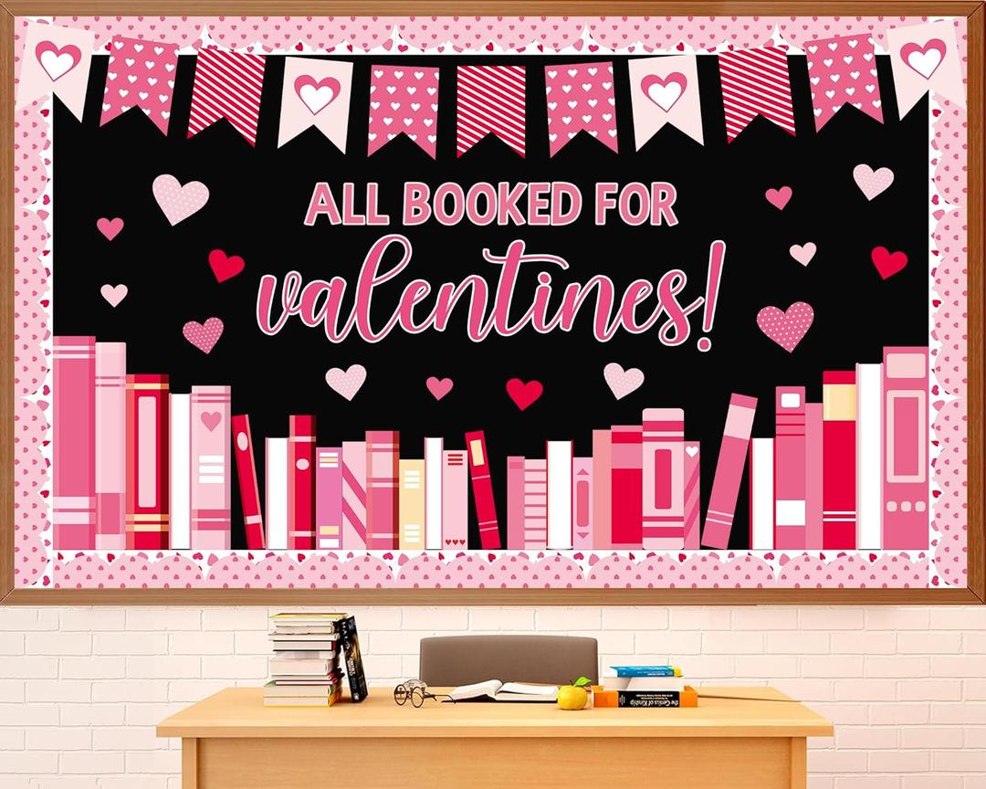 Valentines Day Reading Bulletin Board Set Valentine's Day Classroom Decoration All Booked for Valentines Bulletin Board Pink Red Heart Cutouts for Holiday Classroom Home School Chalkboard Wall Decor