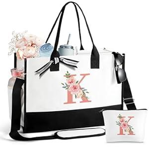 FURTOM Mothers Day Gifts for Women Birthday Gifts for Women Large Initial Canvas Tote Bag Makeup Bag Beach Travel Shopping