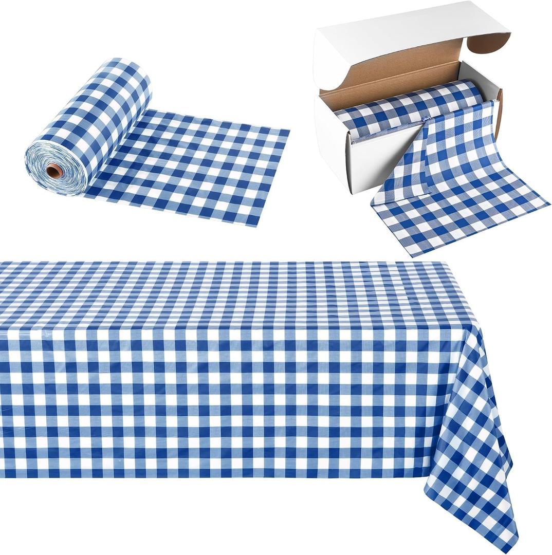 Kochorie 54 Inch x 300 Ft Blue Checkered Plastic Table Cloth Roll Disposable Waterproof Table Cover Plastic Table Cover Roll with Easy Slide Cutter for Outdoor Picnic/Home Dining/Spring Party