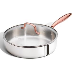 CAROTE 10" Tri-Ply Stainless Steel Deep Frying Pan with Lid, Non-Toxic Saute Pan, Oven Safe, Induction, Ceramic and Gas Cooktops Compatible, Silver