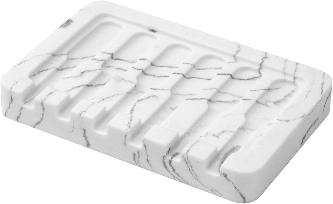 2 x Resin Soap Dish Bathroom,Self Draining Marble Look Soap Holder for Shower,Soap Tray for Kitchen,Sink(Marble White)