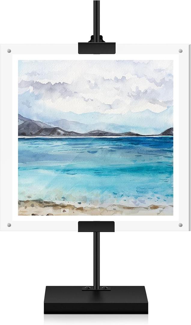 Yaocom Adjustable Metal Easel Stand with Acrylic Floating Photo Frame 16.5" Tabletop Frame Stand for Display, Poster or Signs Floor Heavy Duty Easel for Weeding Home Exhibition Restaurant(Black)