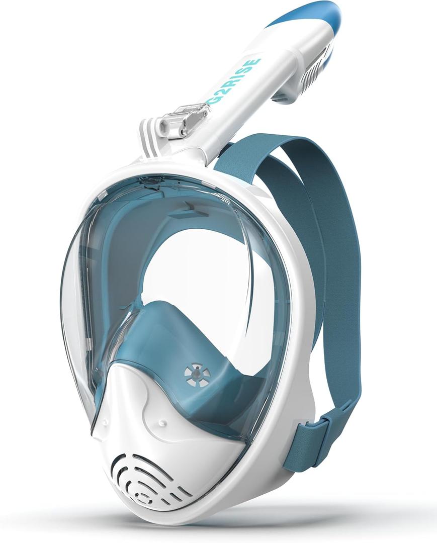G2RISE Full Face Snorkel Mask Adults Snorkeling Set Gear for Kids with Detachable Camera Mount, Safe Breathing, Anti Fog Anti Leak (White Blue)