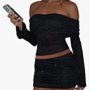 Womens Sexy Two Piece Outfits Mesh Off Shoulder Y2K Going Out Crop Top Bodycon Skirt Sets Long Sleeve Ruched Mini Dress, Size L
